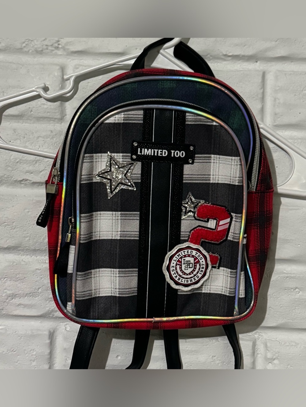 Limited Too Mini Backpack Black Red Plaid Varsity Patches